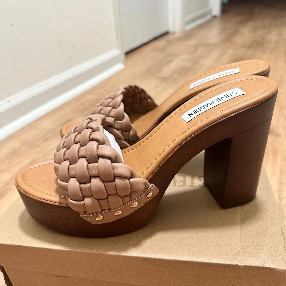 Steve Madden | NEW Amazed Nude Braided Platform Block Heel Slide Sandals, 8.5